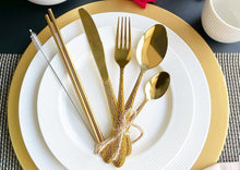 Load image into Gallery viewer, Cutlery Sets Stainless Steel Hammered Effect Handle Gold Glim&amp;Glam
